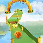 Farverig himmelbane med en fluffet orange kugle og svævende platforme i en tegneserieagtig stil