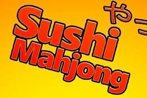 Rød tekst Sushi Mahjong på en gul baggrund med japanske tegn ved siden af