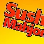 Rød tekst Sushi Mahjong på en gul baggrund med japanske tegn ved siden af