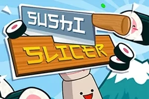 Sushi-ruller, en kniv og et træskilt med teksten Sushi Slicer på en tegneseriestil baggrund med bjerge