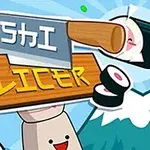 Sushi-ruller, en kniv og et træskilt med teksten Sushi Slicer på en tegneseriestil baggrund med bjerge