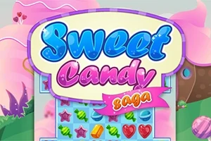 Farverig illustration med teksten Sweet Candy Saga samt et spilbræt med farverige slikstykker og hjerter på en fantasifuld baggrund