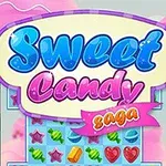 Farverig illustration med teksten Sweet Candy Saga samt et spilbræt med farverige slikstykker og hjerter på en fantasifuld baggrund