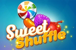 Farverig grafik med en stor slikkepind, bær og kirsebær, samt teksten Sweet Shuffle i midten