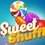 Farverig grafik med en stor slikkepind, bær og kirsebær, samt teksten Sweet Shuffle i midten