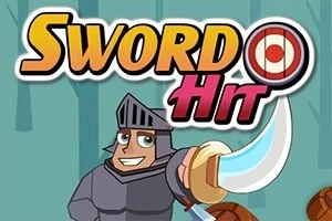 Ridder i rustning med et sværd og teksten Sword Hit på en baggrund af skov