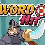 Ridder i rustning med et sværd og teksten Sword Hit på en baggrund af skov
