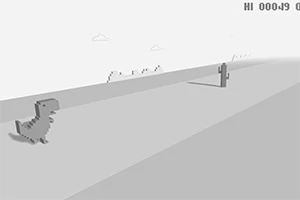 Sort-hvidt pixelkunstbillede med en dinosaur der løber mod en kaktus på en øde vej, med skyer i baggrunden
