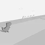 Sort-hvidt pixelkunstbillede med en dinosaur der løber mod en kaktus på en øde vej, med skyer i baggrunden