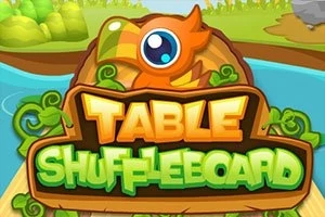 Farverig tegneseriestil med teksten Table Shuffleboard omgivet af grønne planter og et fantasifuldt fuglemotiv i baggrunden