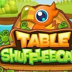 Farverig tegneseriestil med teksten Table Shuffleboard omgivet af grønne planter og et fantasifuldt fuglemotiv i baggrunden