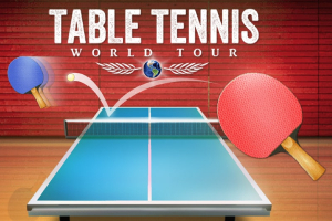 Billedet viser en bordtennisbane med to farverige bordtennisbat og en bold i bevægelse mod en rød baggrund