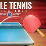 Billedet viser en bordtennisbane med to farverige bordtennisbat og en bold i bevægelse mod en rød baggrund