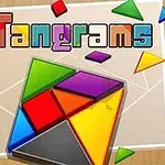 Farverige geometriske former samlet på en lys baggrund med ordet Tangrams skrevet øverst