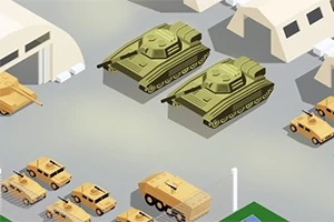 Militærbase med grønne kampvogne, beige militærkøretøjer og telte