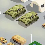 Militærbase med grønne kampvogne, beige militærkøretøjer og telte