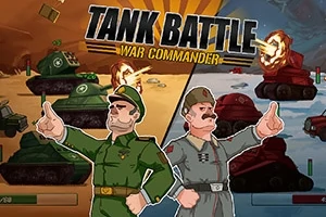 To militærfigurer i uniformer står foran tanks i kamp, med ild og eksplosioner i baggrunden