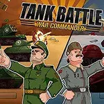 To militærfigurer i uniformer står foran tanks i kamp, med ild og eksplosioner i baggrunden