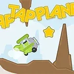 Et grønt fly svæver mellem brune klipper med gule stjerner og teksten TAP TAP PLANE øverst