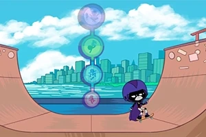 En animeret figur med en sort kappe og hjelm står på et skateboard på en halv-pipe med en by og hav i baggrunden