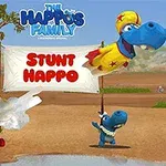 Tegnefilmflodheste med farverige kostumer udfører et kanonstunt foran et banner med teksten Stunt Happo i et naturlandskab