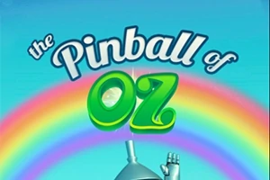 Regnbue med teksten The Pinball of Oz og toppen af en blikmands hoved