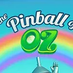 Regnbue med teksten The Pinball of Oz og toppen af en blikmands hoved