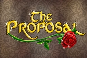 Teksten The Proposal i gyldne bogstaver med en rød rose og grøn stilk på en dekorativ ornamenteret baggrund