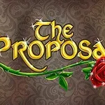 Teksten The Proposal i gyldne bogstaver med en rød rose og grøn stilk på en dekorativ ornamenteret baggrund