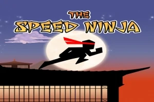 Silhuet af en ninja med en rød tørklæde, der løber på taget af en japansk bygning foran en fuldmåne, med ordene The Speed Ninja øverst