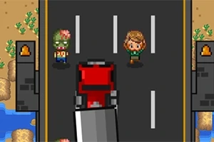 To figurer står på en vej foran en rød bil, med en bro og vand i baggrunden i et pixel-art grafisk design
