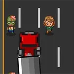 To figurer står på en vej foran en rød bil, med en bro og vand i baggrunden i et pixel-art grafisk design