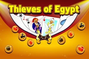 Spillekort og guldmønter på en gylden baggrund med titlen Thieves of Egypt