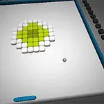 En hvid og grøn pixelmosaik i midten af en grå ramme med en lille bold og en blå platform nederst