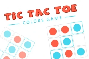 Illustration af et ternet bræt med røde og blå cirkler samt teksten Tic Tac Toe Colors Game