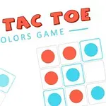 Illustration af et ternet bræt med røde og blå cirkler samt teksten Tic Tac Toe Colors Game