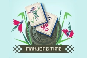 To mahjong-brikker oven på et rundt ornament med farverige fugle og blomster omkring, samt teksten Mahjong Time nederst