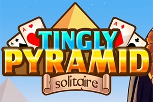 Logo for Tingly Pyramid Solitaire med en stor pyramide samt to spillekort i baggrunden