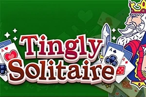 Illustration af spillekort med en kongefigur og teksten Tingly Solitaire på en grøn baggrund