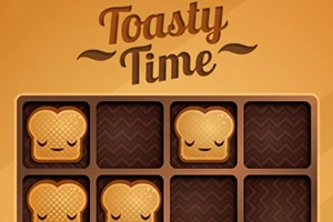 Illustration af små brødskiver med ansigter i et gitter på en brun baggrund med teksten Toasty Time øverst