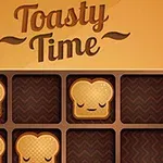 Illustration af små brødskiver med ansigter i et gitter på en brun baggrund med teksten Toasty Time øverst