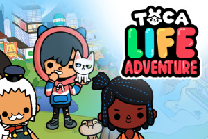 Tegneseriefigurer i farverige tøj med en by i baggrunden og teksten Toca Life Adventure i farverige bogstaver