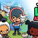 Tegneseriefigurer i farverige tøj med en by i baggrunden og teksten Toca Life Adventure i farverige bogstaver