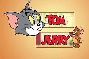 Et billede af en stor katteansigt til venstre foran teksten Tom og en lille mus ved siden af teksten Jerry