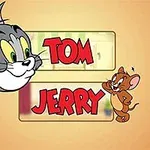 Et billede af en stor katteansigt til venstre foran teksten Tom og en lille mus ved siden af teksten Jerry