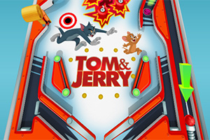 Tom og Jerry i midten af en farverig flippermaskine med røde og orange elementer samt en grøn pil