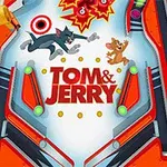 Tom og Jerry i midten af en farverig flippermaskine med røde og orange elementer samt en grøn pil