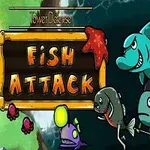 Tegning af forskellige animerede havdyr ved siden af et skilt med teksten Fish Attack