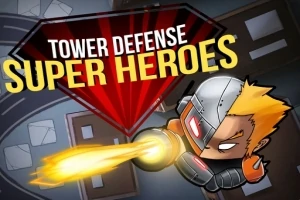En tegneseriefigur i kampdragt med blont hår skyder en laserstråle, mens teksten Tower Defense Super Heroes vises i baggrunden