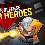 En tegneseriefigur i kampdragt med blont hår skyder en laserstråle, mens teksten Tower Defense Super Heroes vises i baggrunden
